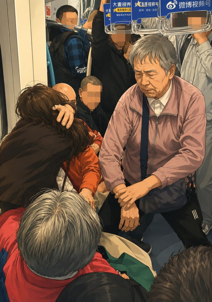 Crowded subway car with passengers, an elderly man in a pink jacket looks distressed as others reach toward a person in an orange jacket, all grasping straps and seats.
