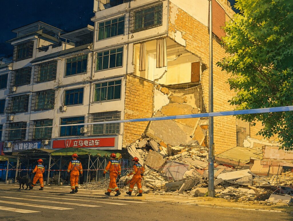 Four construction workers in orange uniforms assess a collapsed brick building with rubble spilled onto the street, a dog nearby.