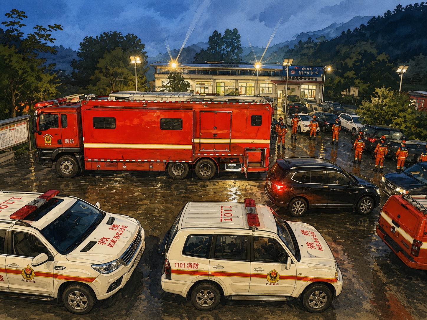 Red fire truck in a parking lot surrounded by emergency vehicles and firefighters in orange gear at dusk.