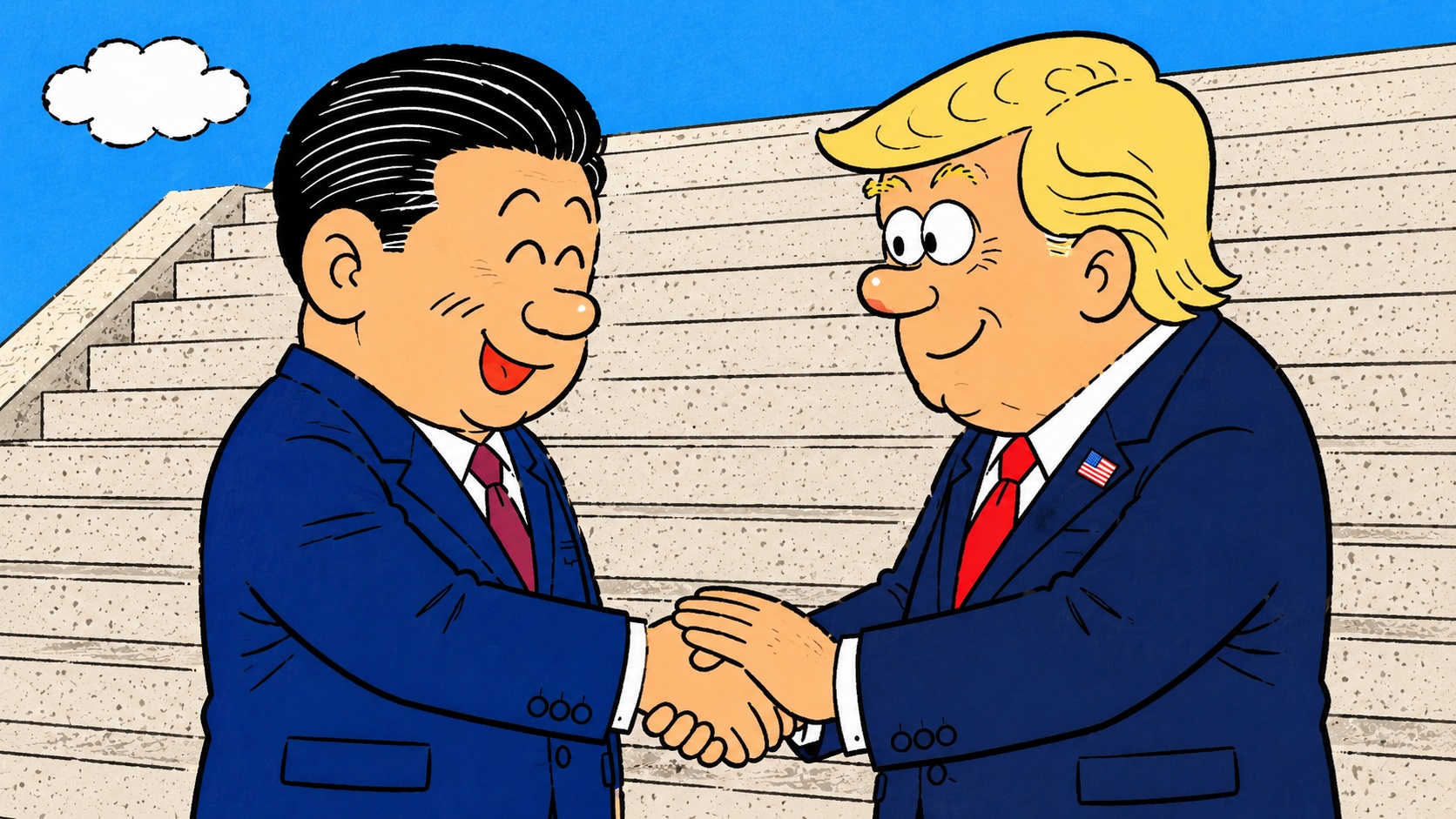 Two men in blue suits shake hands and smile on concrete steps, signaling a friendly agreement.