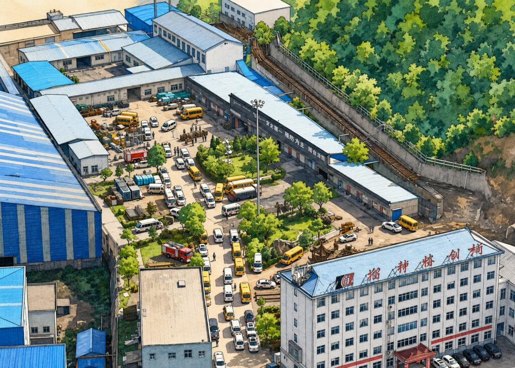 Aerial view of an industrial complex with blue-roofed warehouses, a busy courtyard of cars and buses, and a nearby railway along a forested hill.