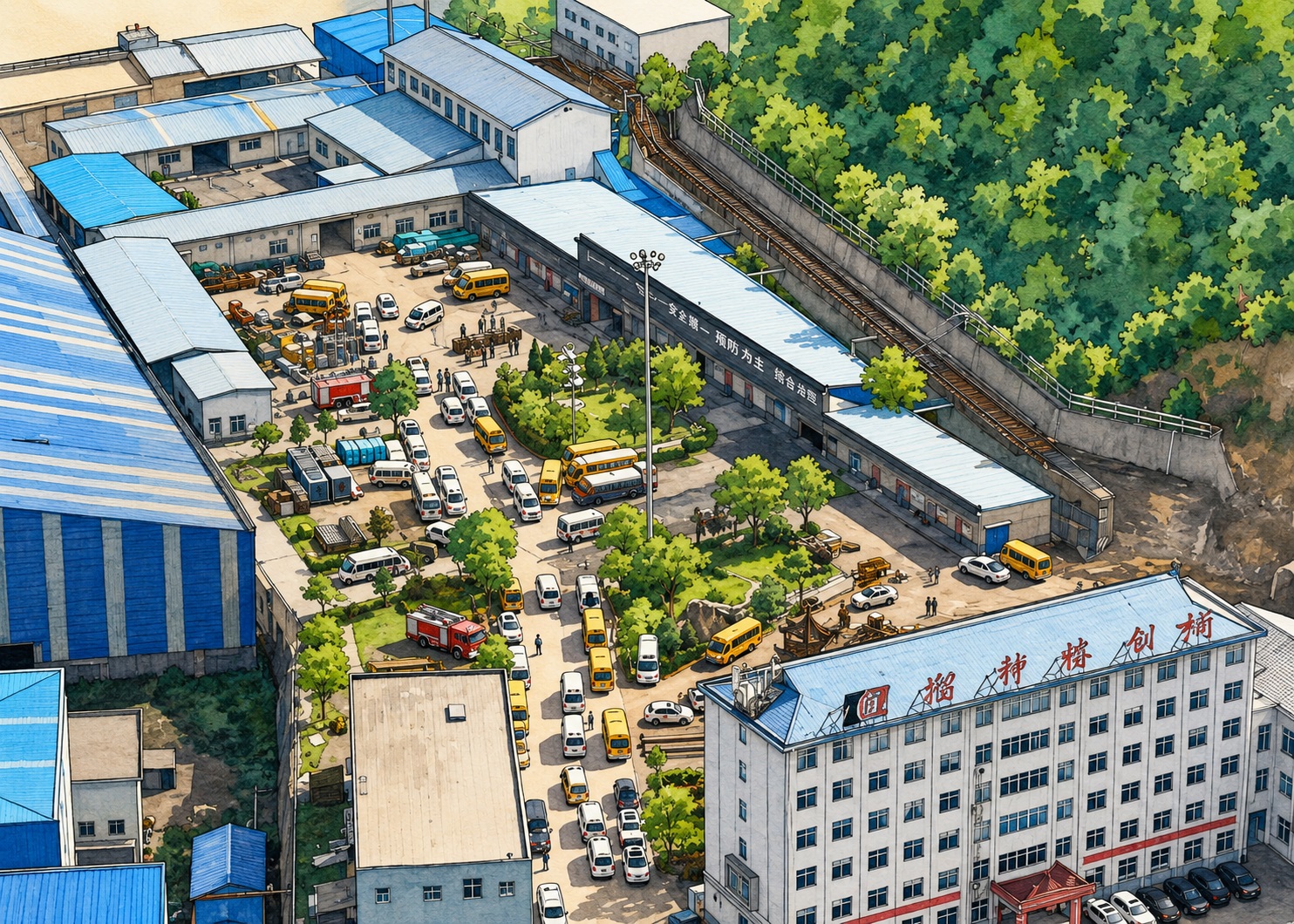 Aerial view of an industrial complex with blue-roofed warehouses, a busy courtyard of cars and buses, and a nearby railway along a forested hill.