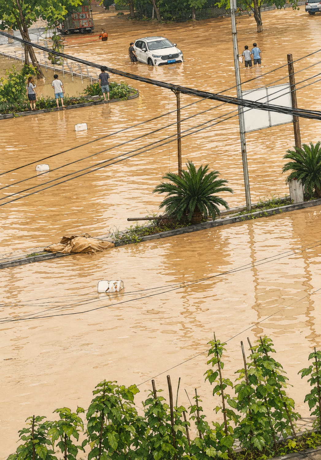 Flooded urban street with muddy water up to cars' wheels; a white car stuck while several people wade through the water, power lines and palm trees visible.