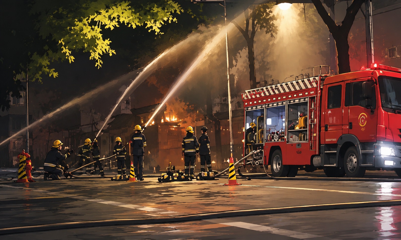Firefighters in yellow helmets directing hoses at a street fire at night, with a red fire truck nearby.