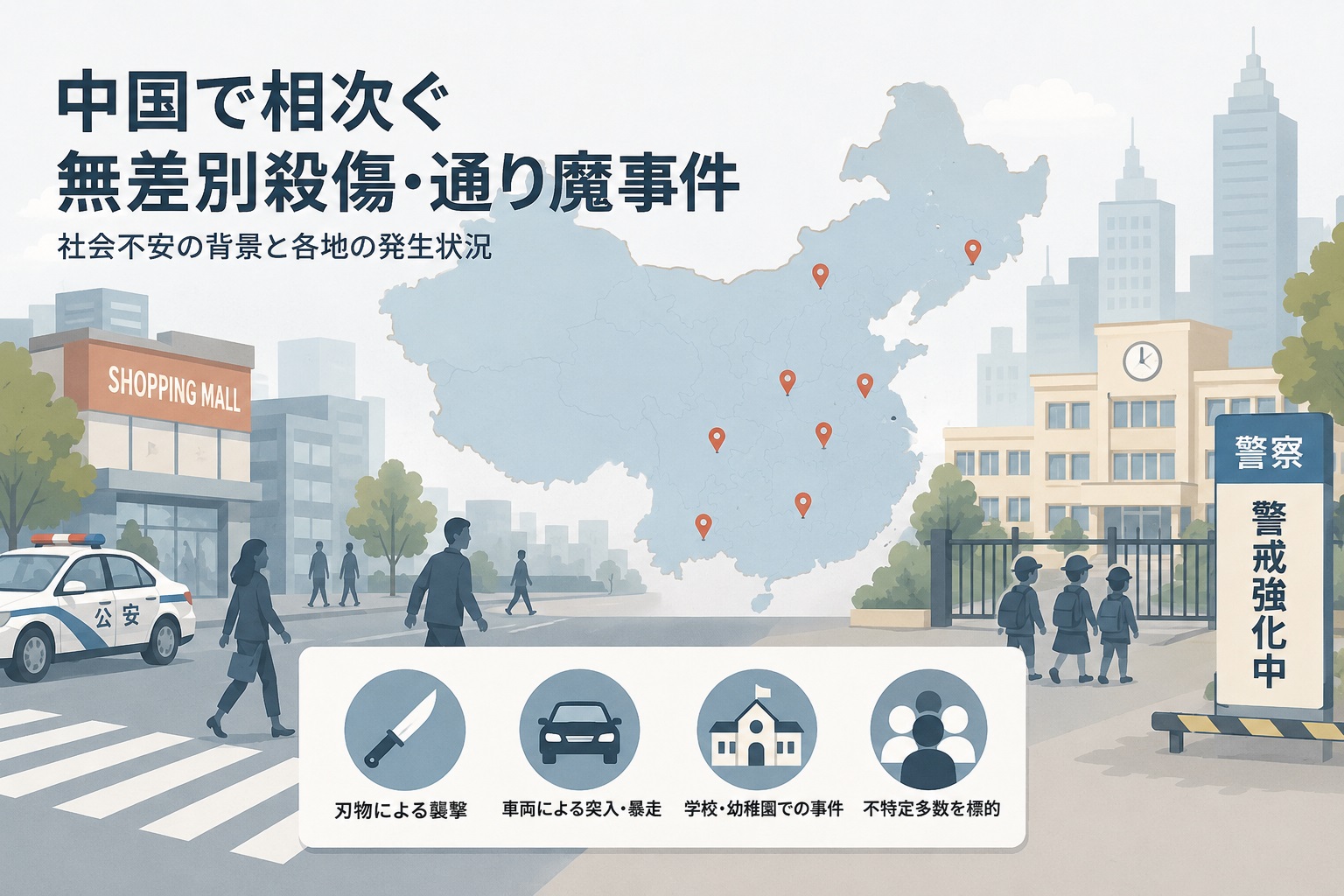 Map of China with red pins indicating incidents, police car, school building, and pedestrians in a city scene; caption notes heightened police vigilance.