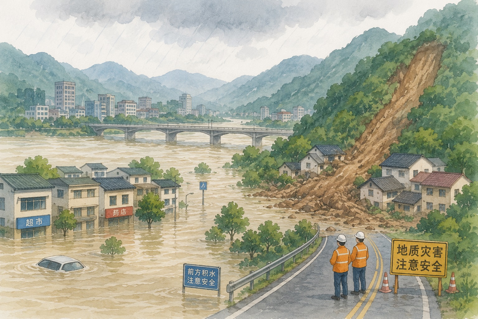 Watercolor flood scene: river towns submerged, storefronts half under water, hillside landslide, with two workers in orange vests observing from a road.