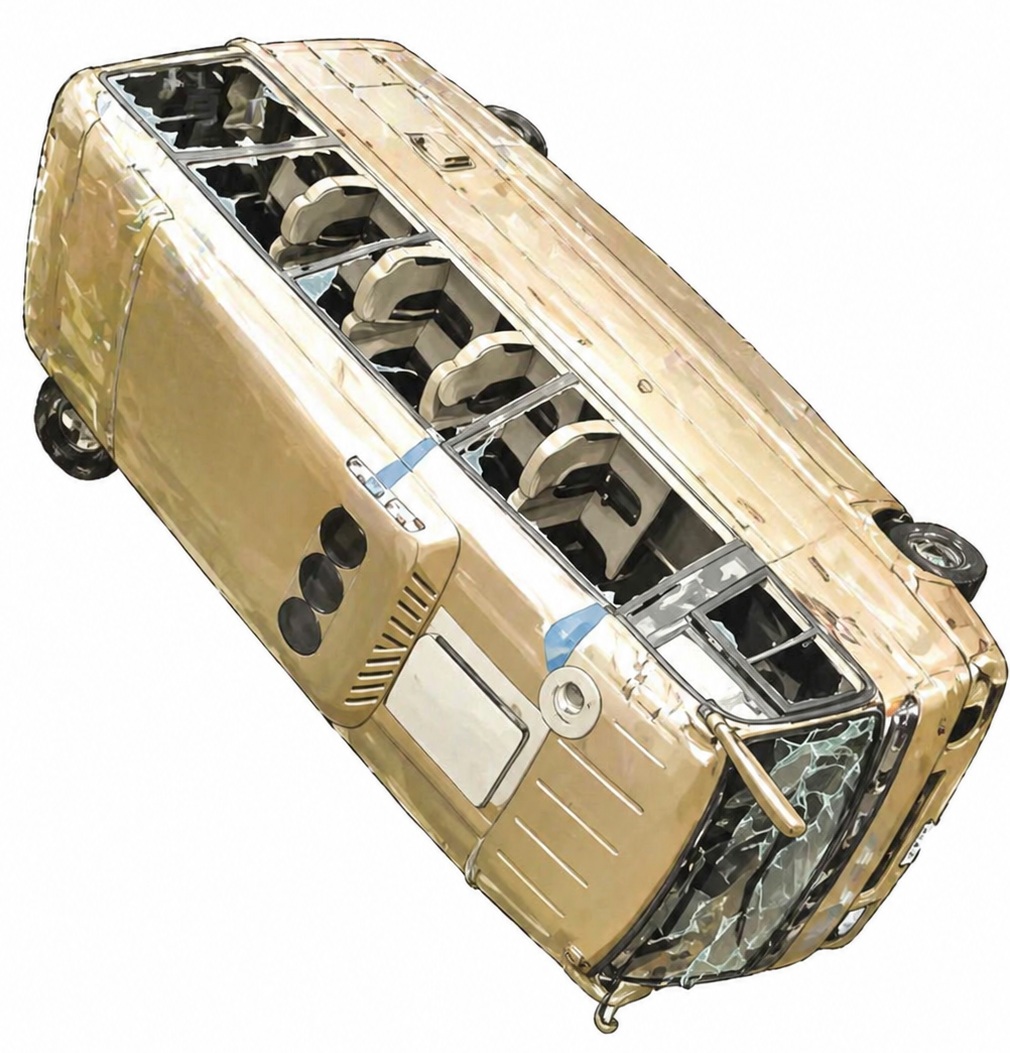 Top-down illustration of a gold minibus tilted on its side with a shattered windshield and exposed interior seating