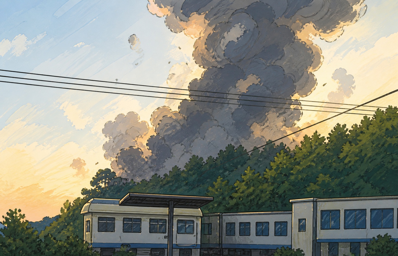 Modern building beside a forest with a towering dark smoke plume rising into a sunset-light sky, suggesting a fire nearby.