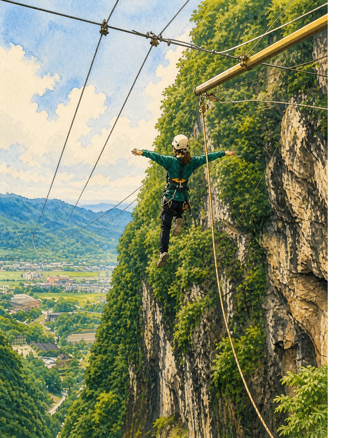 Person wearing helmet and harness, arms outstretched, ziplining along a rocky cliff with greenery