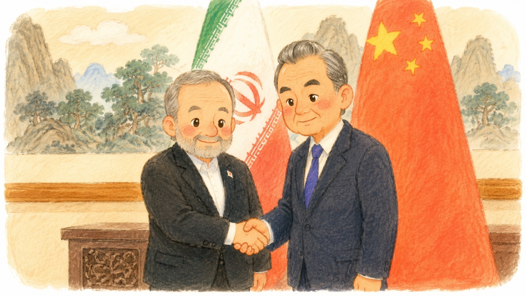 Two officials in suits shake hands in front of Iran and China flags, signaling a diplomatic meeting.