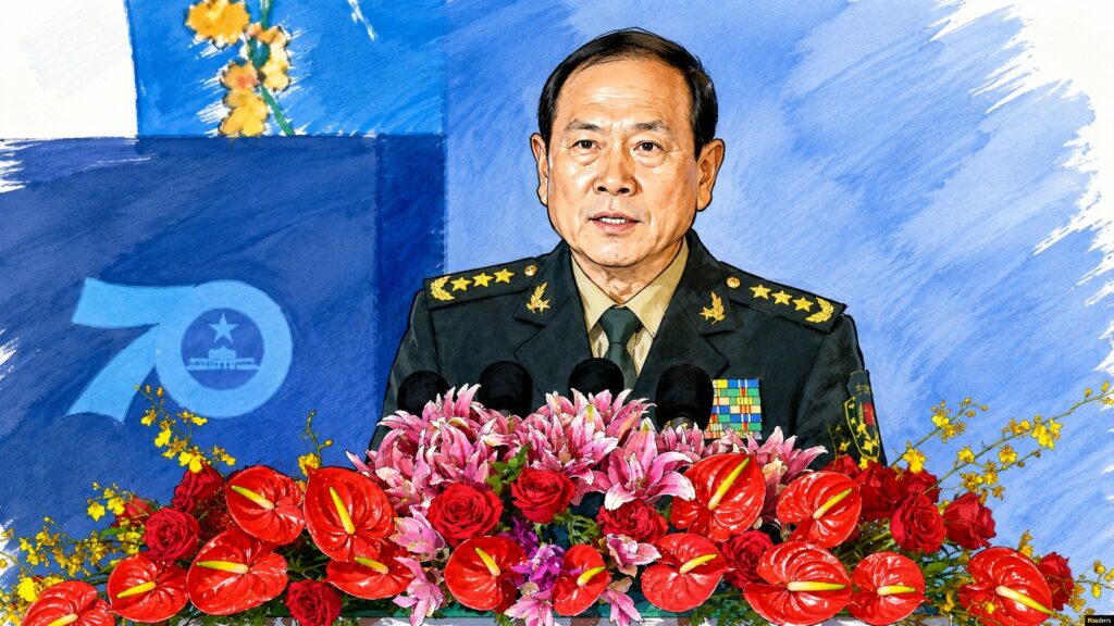 Illustrated senior military officer in dress uniform speaking at a podium with a large flower arrangement (red roses, pink lilies) in front, a blue backdrop behind.