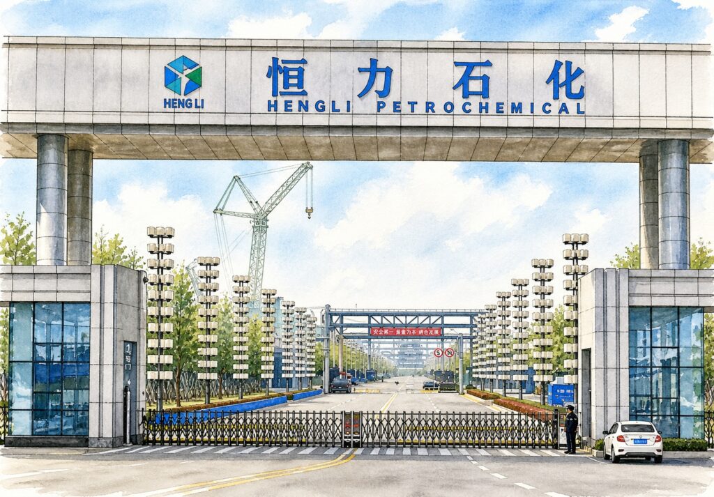 Entrance gate to Hengli Petrochemical complex with security barrier and a parked car nearby