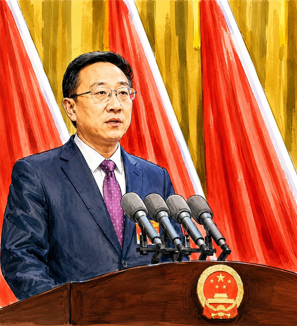 Illustrated man in a navy suit speaks at a podium with multiple microphones, against red and gold banners behind him.