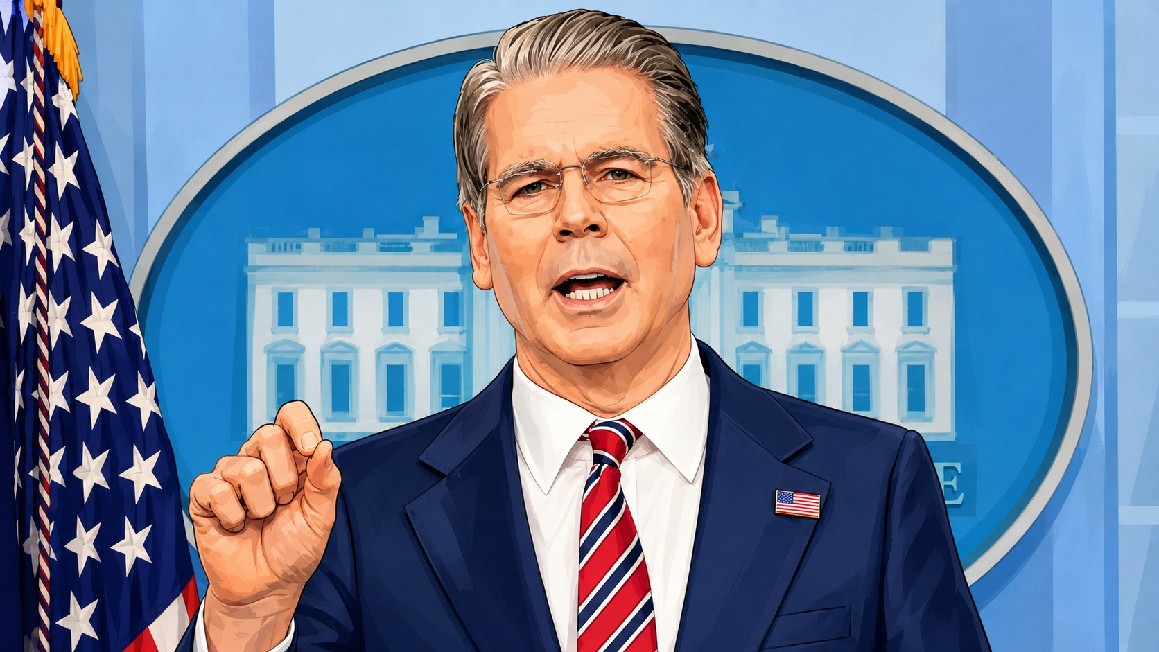 Illustration of a male politician in a navy suit, red striped tie, and American flag pin, speaking at a podium with the flag behind him.