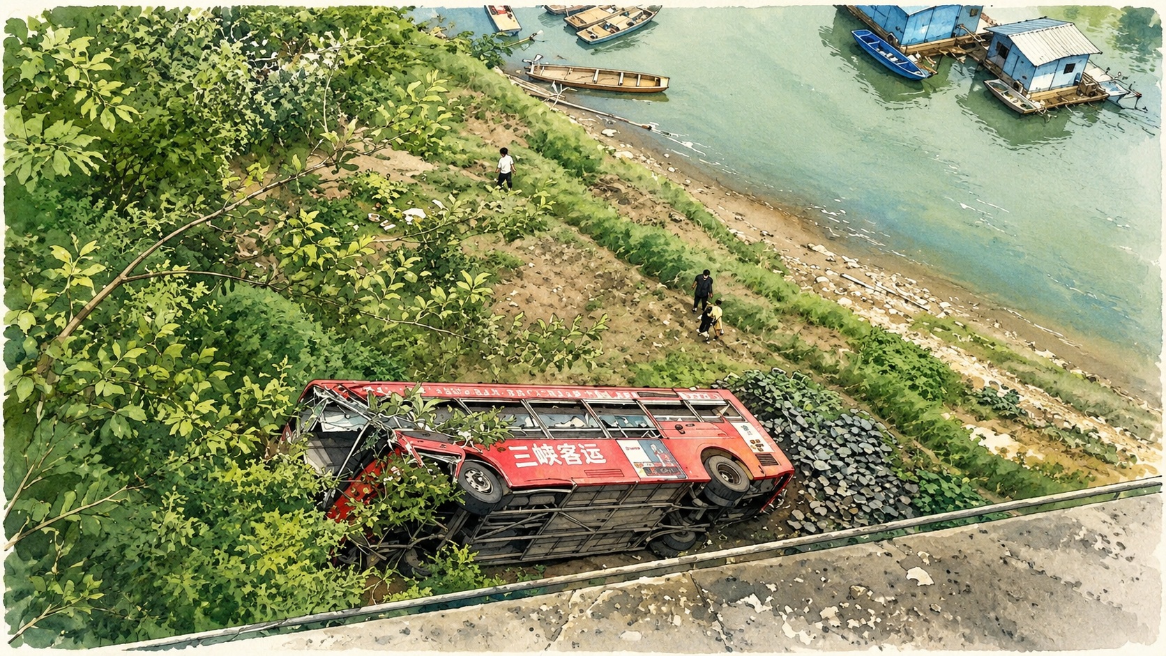 Red double-decker bus tilted on a grassy hillside above a river, with boats docked at the waterline and people nearby.
