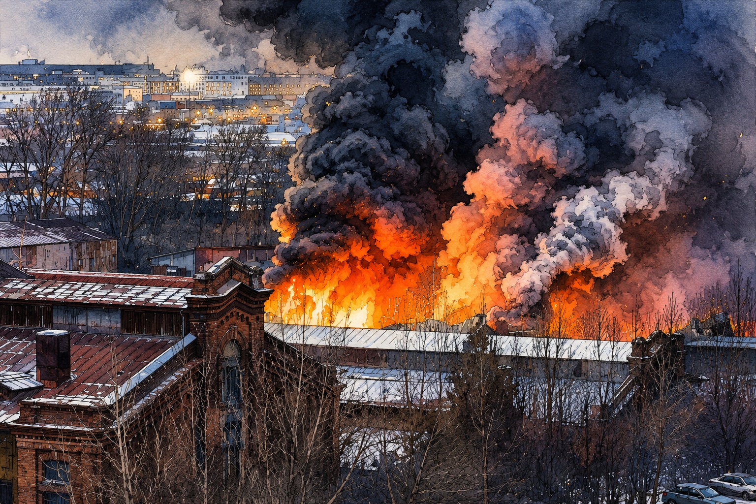 Industrial fire at a warehouse district: bright orange flames and thick smoke rise over snow-covered rooftops with city lights in the background.”?