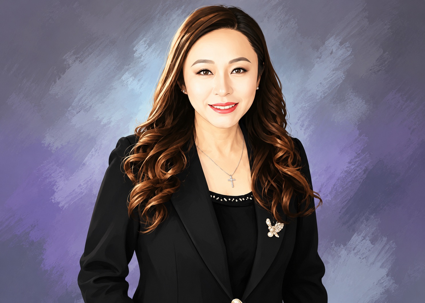 Portrait of a smiling woman in a black blazer with a cross necklace against a purple textured background