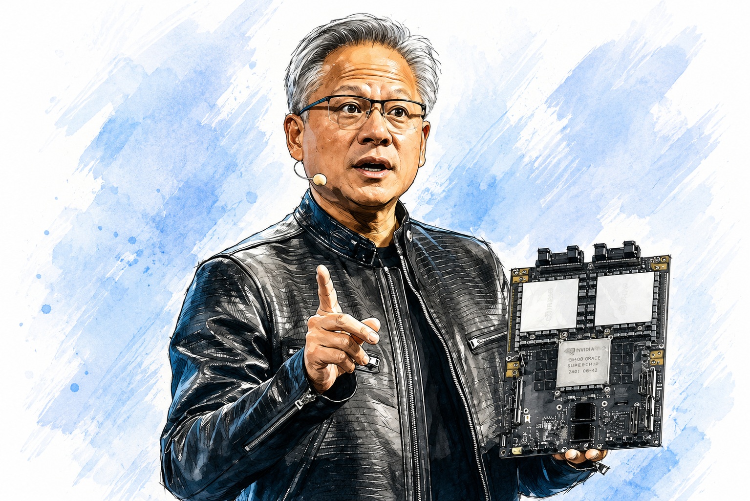 Tech presenter in a black jacket points as he holds a GPU motherboard during a talk, headset mic on.