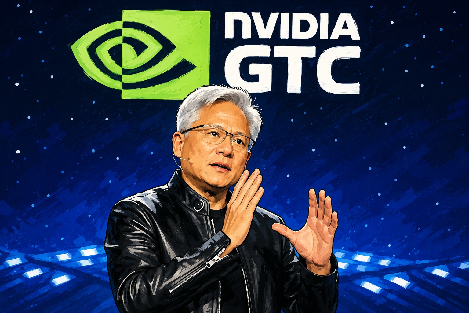 Illustration of Jensen Huang giving a keynote at Nvidia GTC with a bright green Nvidia logo in the background and a blue stage backdrop.
