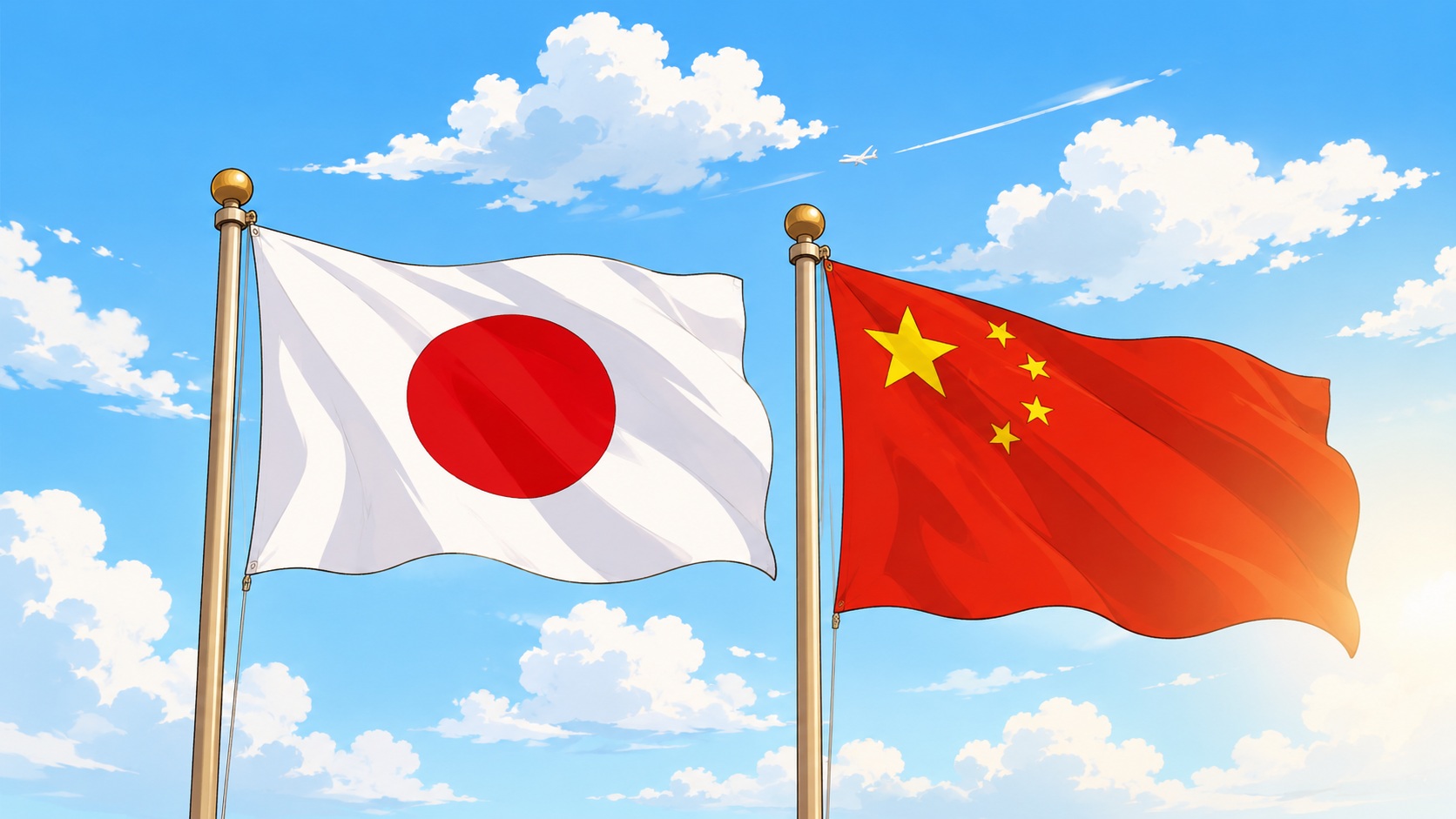 Japanese flag and Chinese flag waving side by side in a bright blue sky.