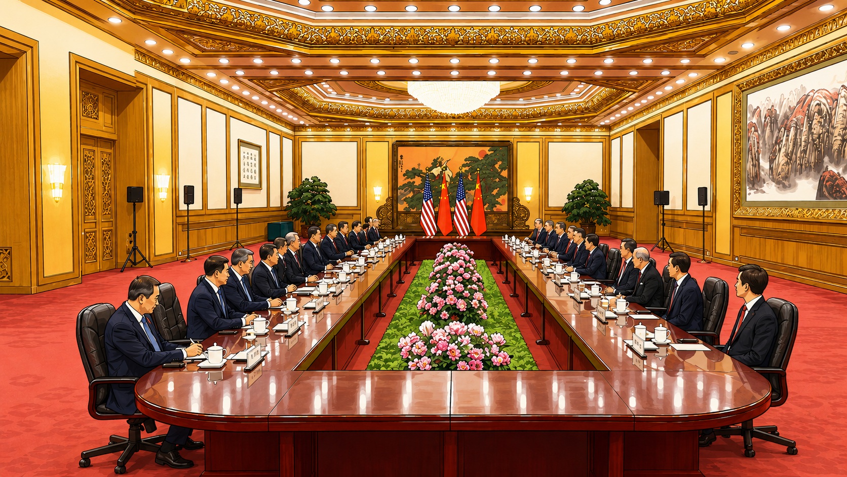 Diplomatic meeting in a grand gold-trimmed conference room with a U-shaped table, flags, and a floral centerpiece in the middle aisle.