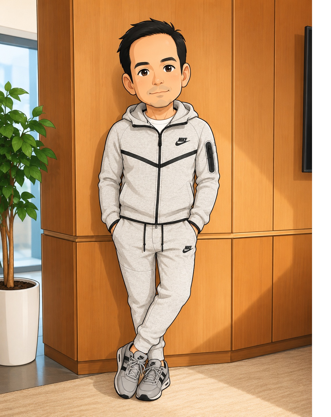 Cartoon illustration of a boy in a gray Nike tracksuit standing with hands in pockets against a wooden wall.