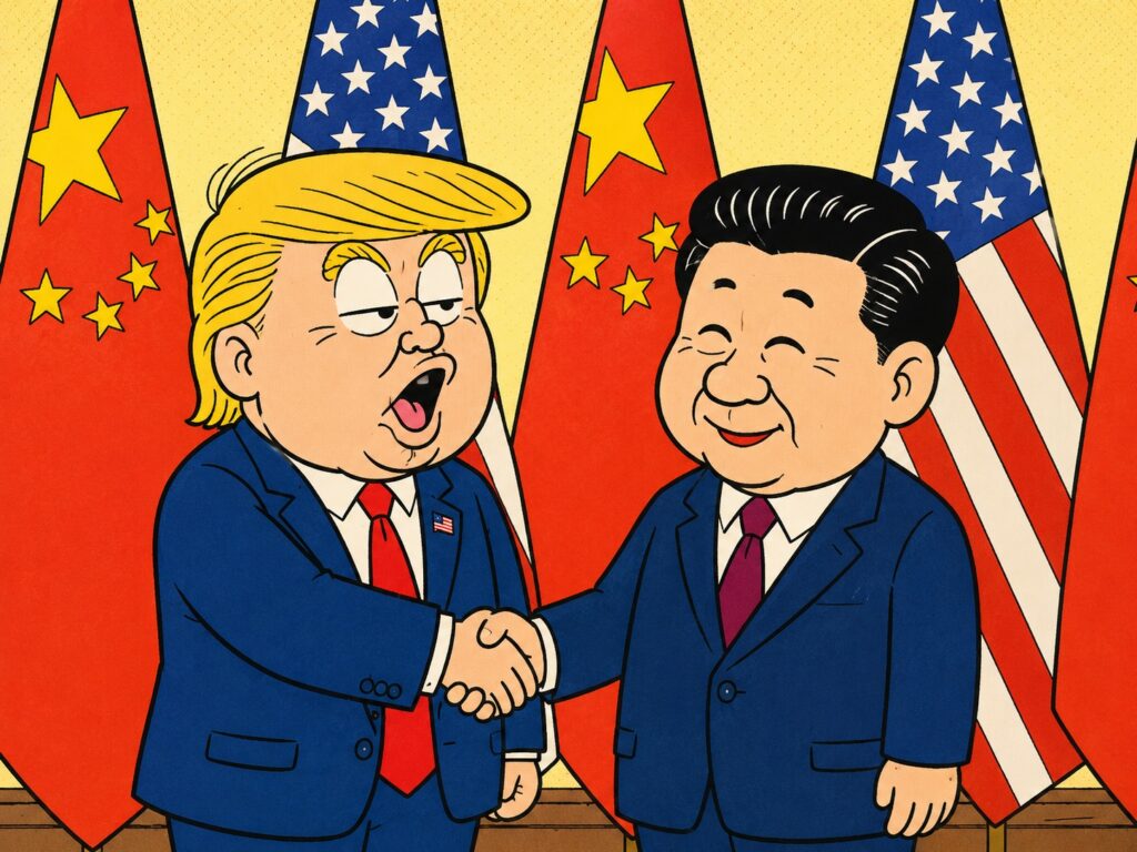 Political cartoon: caricatured Trump and Kim Jong-un shaking hands with US, China, and North Korea flags in the background.