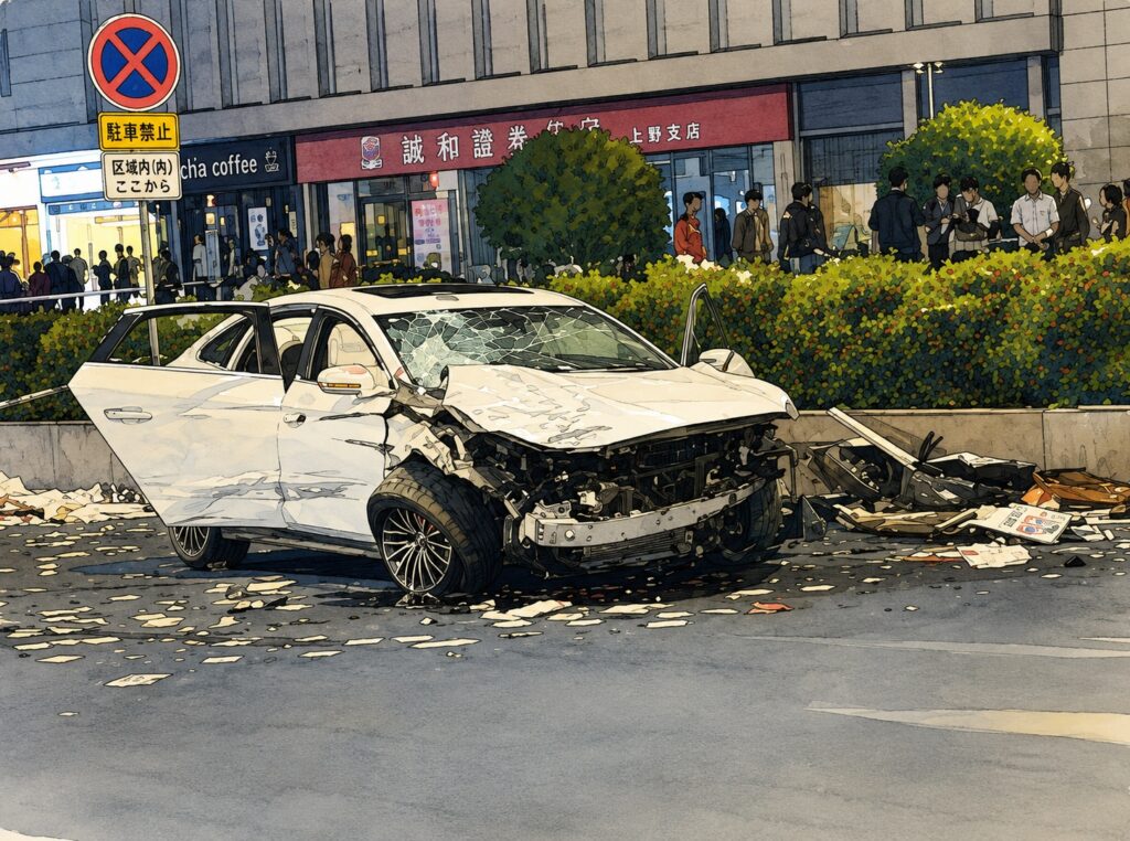 White sedan with severe front-end damage and shattered windshield after a crash, crowd watching from the sidewalk.