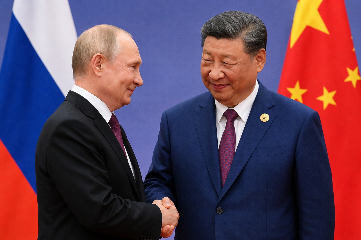 Two men in dark suits shake hands in front of Russian and Chinese flags at a formal event.