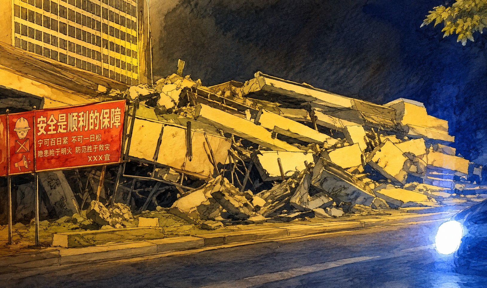 Night scene of a collapsed building with rubble along the street and a red Chinese safety banner, lit by blue-toned streetlights at night