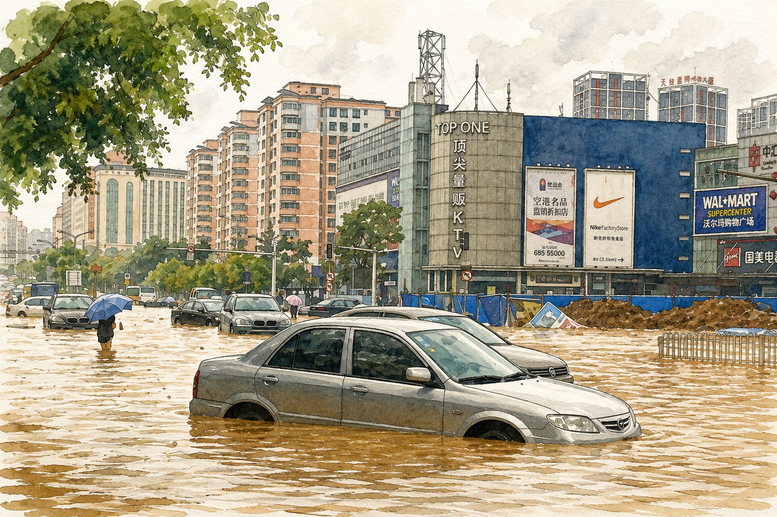 Urban street heavily flooded, cars partially submerged as pedestrians wade with umbrellas amid construction and tall buildings.