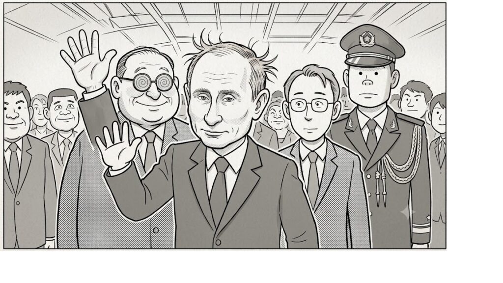 Man in a suit waves at the camera, surrounded by officials and a uniformed officer in a hallway.