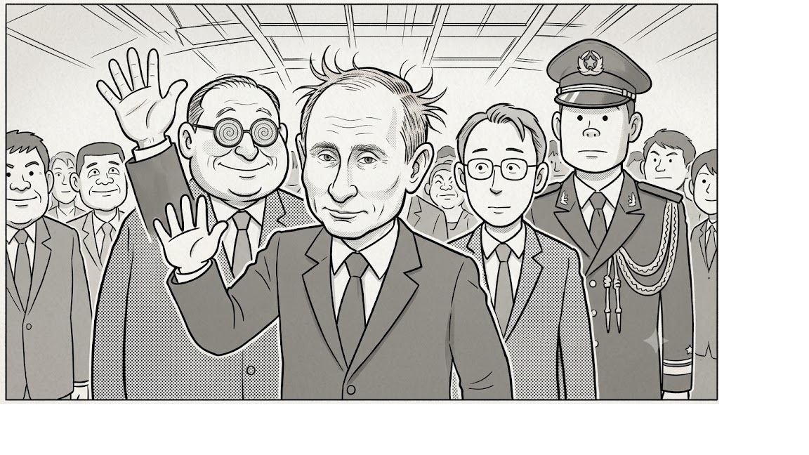 Man in a suit waves at the camera, surrounded by officials and a uniformed officer in a hallway.