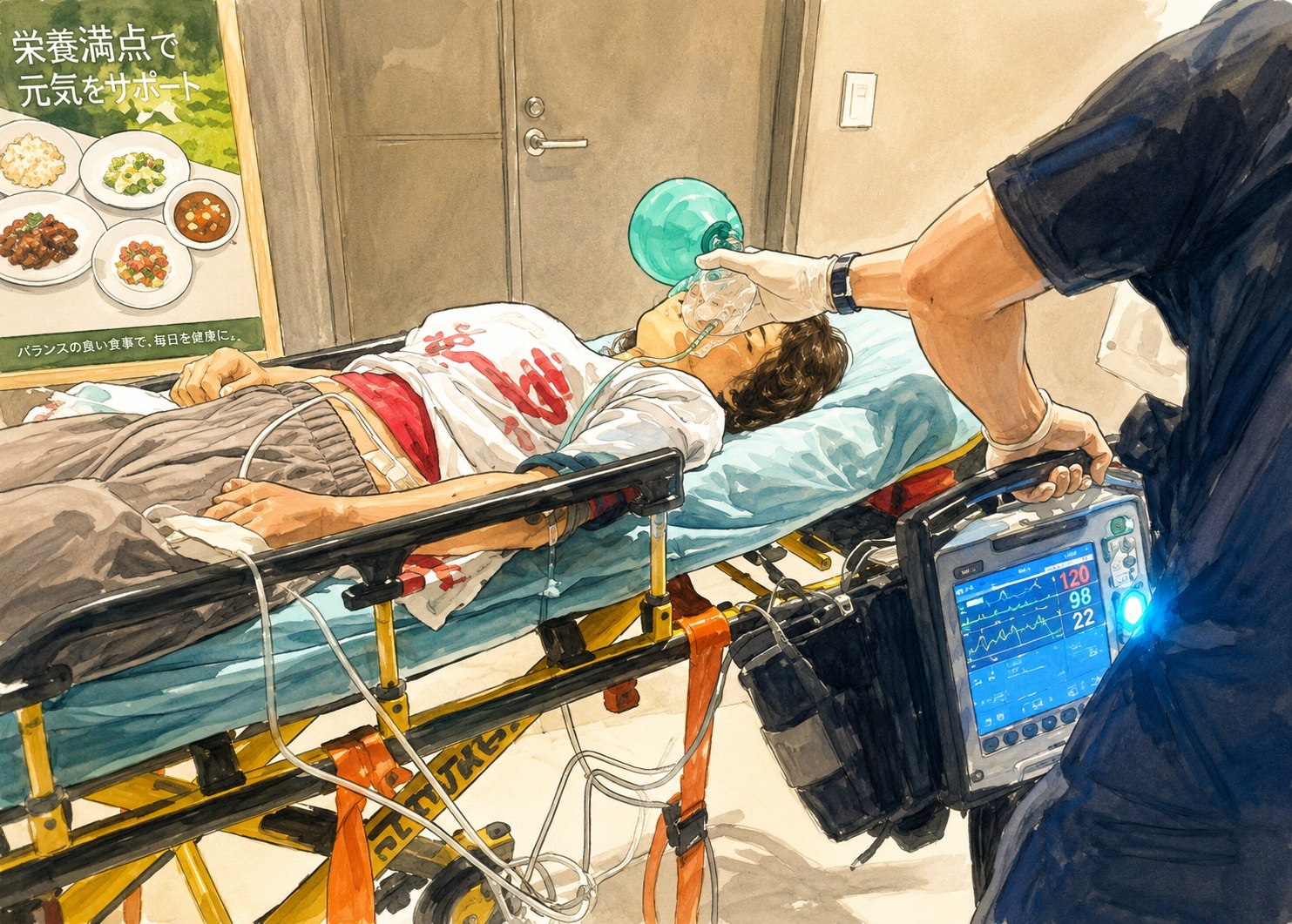 Patient on a wheeled stretcher receiving oxygen, attended by a medic with a monitor displaying vital signs nearby.