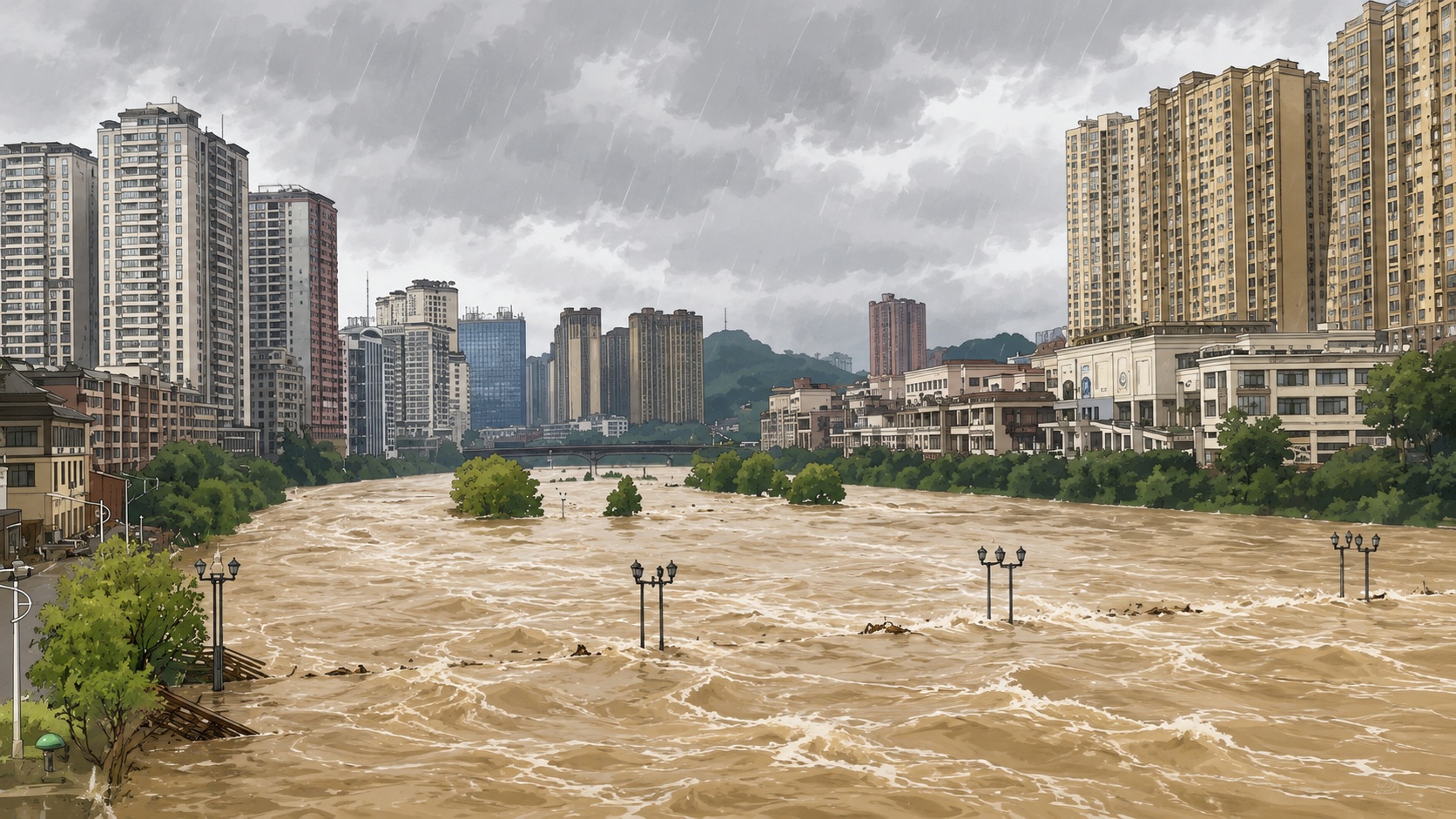 Stormy cityscape with a flooded muddy river overflowing onto streets and lamp posts, high-rise buildings on both sides under dark clouds and rain.