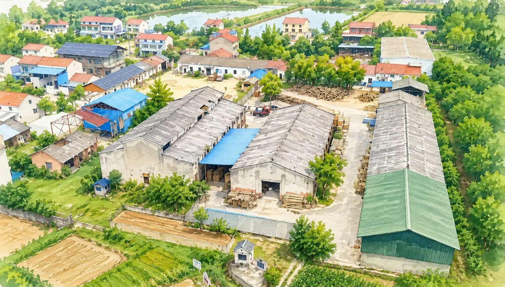 Aerial view of a rural lumber yard and village with long gray-roofed sheds, stacked timber, and surrounding green fields and trees, from above.