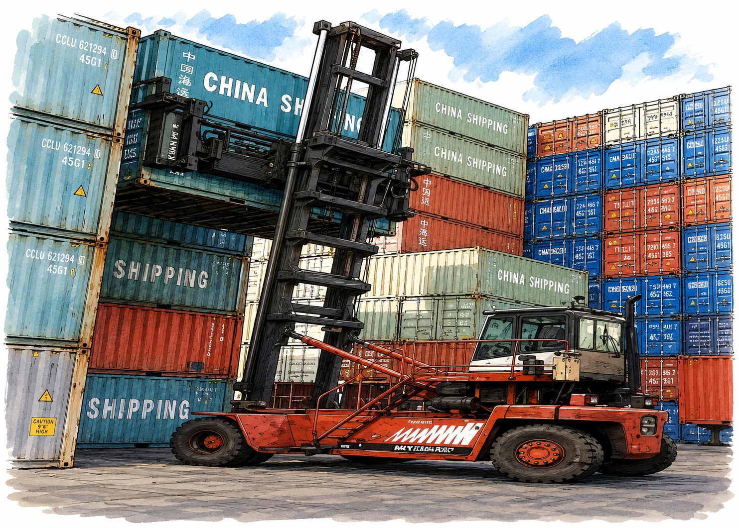 A heavy forklift lifts a blue shipping container as stacks of colorful cargo containers rise around it at a busy port scene.