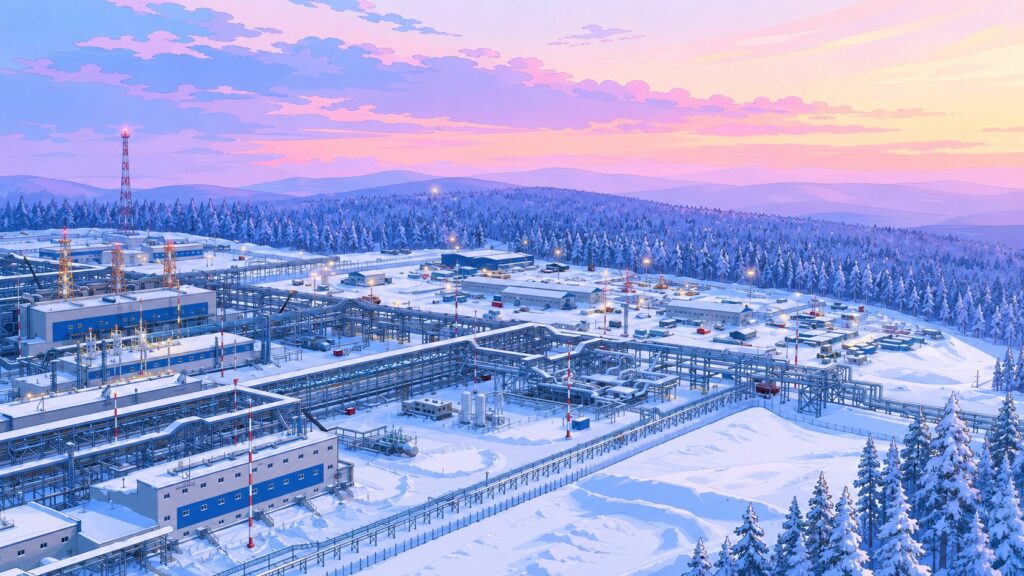 Industrial complex with numerous pipelines, storage tanks, and tall towers blanketed in snow, set in a snowy forested valley at sunset. The scene includes illuminated facilities, vehicles, and a distant tree line under a pink-orange sky.