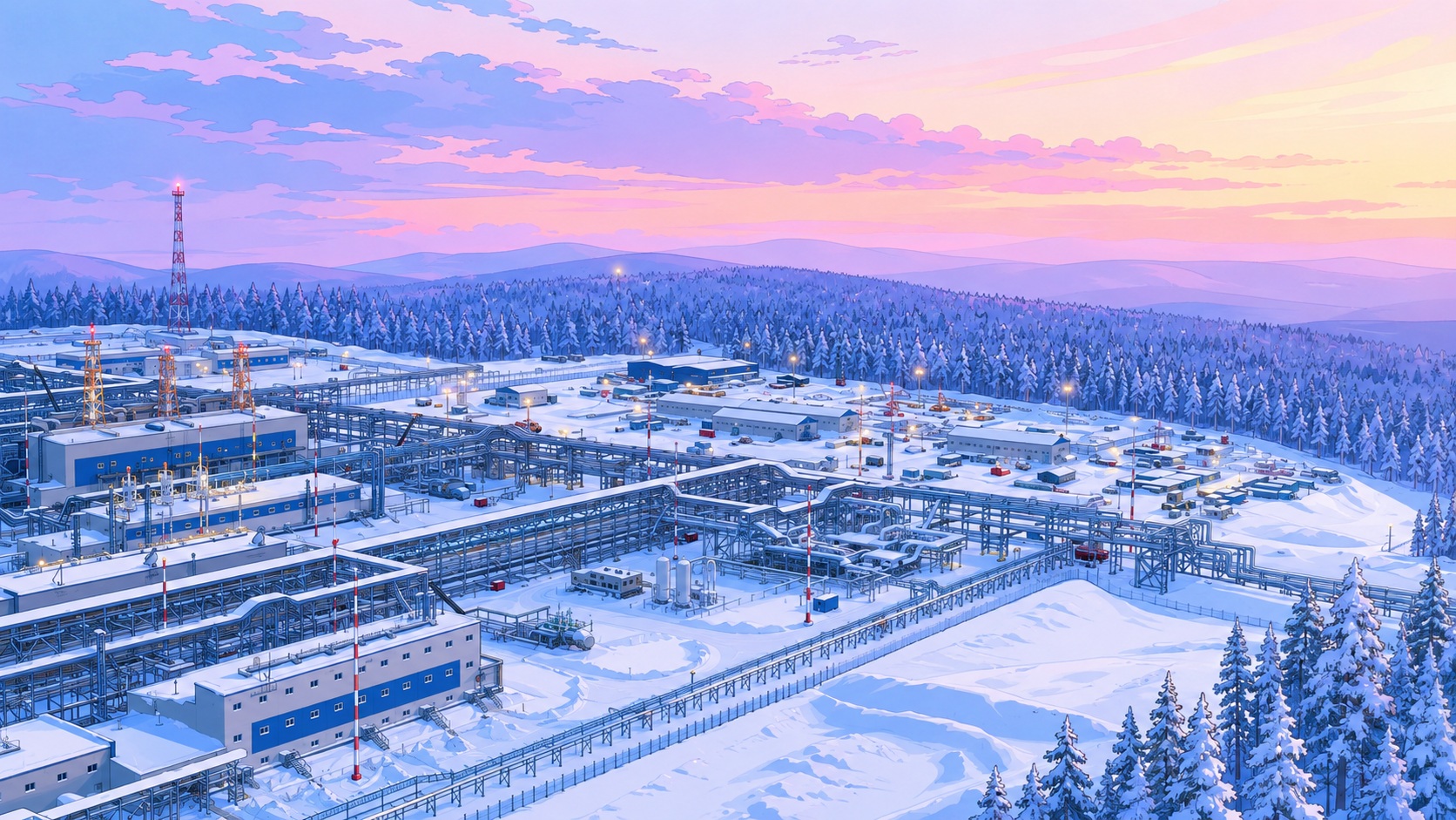 Industrial complex with numerous pipelines, storage tanks, and tall towers blanketed in snow, set in a snowy forested valley at sunset. The scene includes illuminated facilities, vehicles, and a distant tree line under a pink-orange sky.