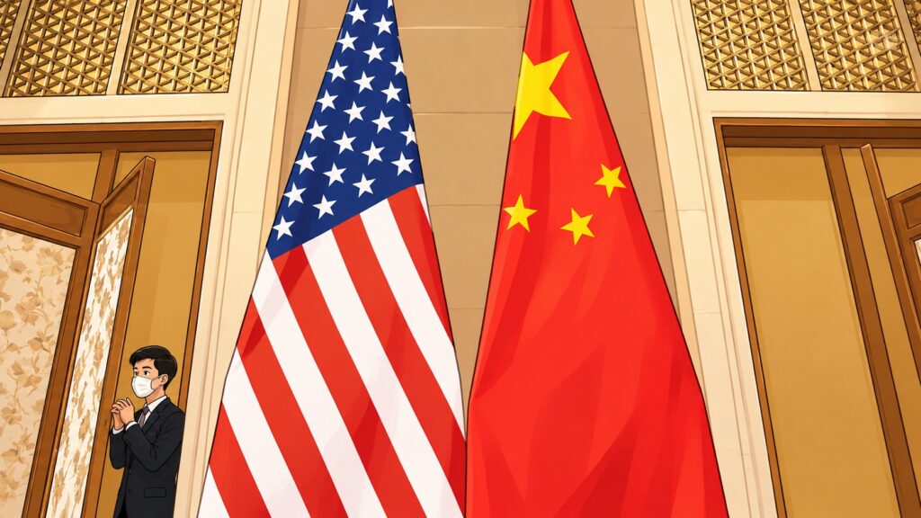 Man in a suit and mask stands beside the United States and China flags in a formal room.
