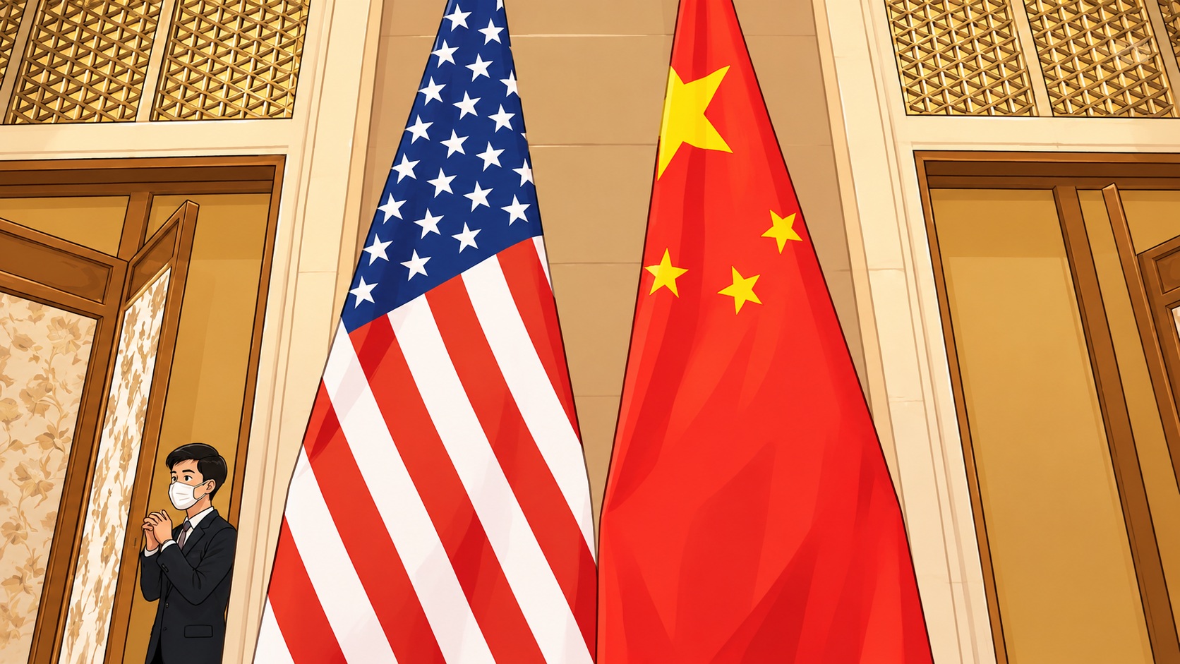 Man in a suit and mask stands beside the United States and China flags in a formal room.