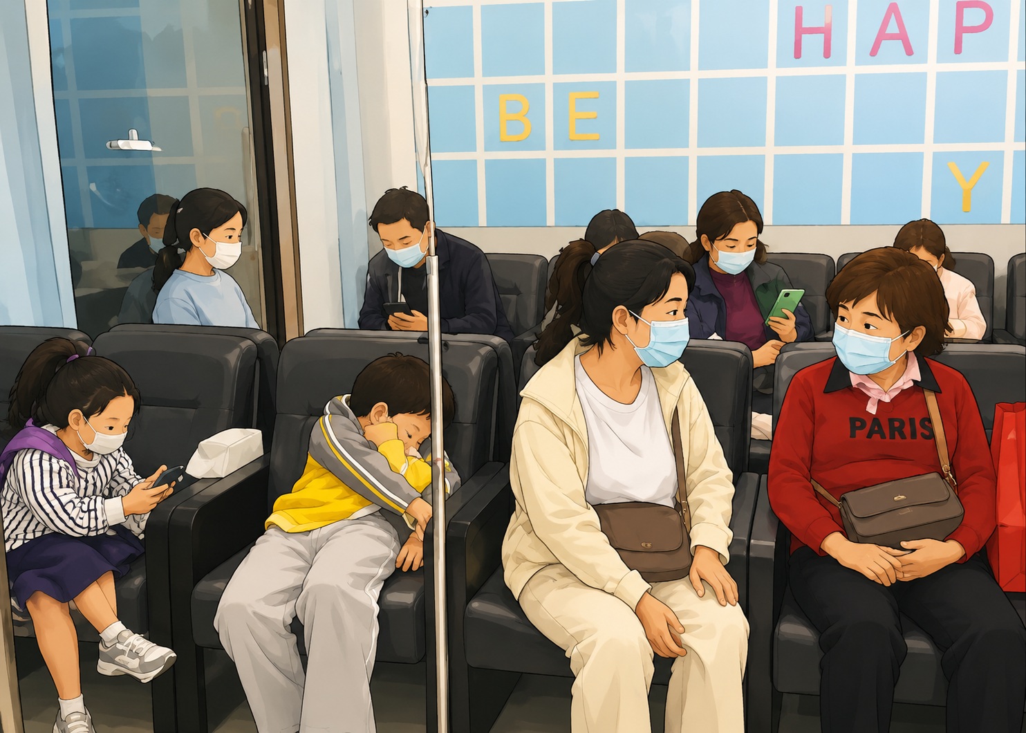People wearing masks sit in a modern waiting room, some looking at phones while others chat or rest on black chairs with blue wall panels behind them.