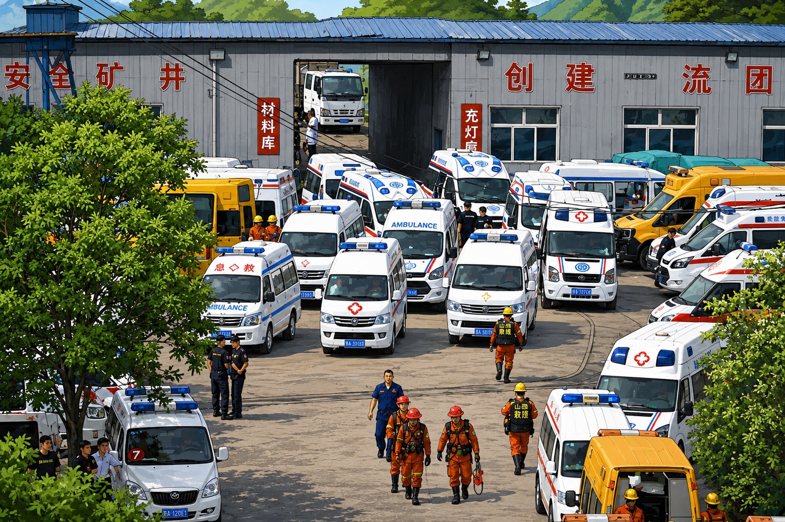 A depot filled with ambulances and emergency vehicles outside a gray building with red Chinese characters; workers in orange gear walk among the vans.
