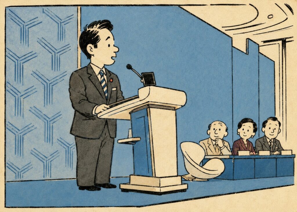 Man in a dark suit speaking at a podium with a microphone, addressing three panelists seated at a blue table in a conference or press briefing setting.