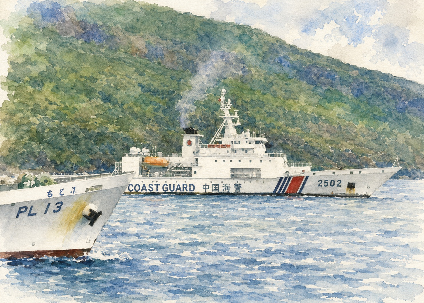 Watercolor scene of a Coast Guard cutter with 'COAST GUARD' on its side, near a green hillside.](Close)
