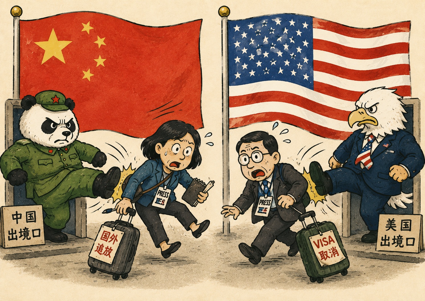 Cartoon scene of a panda in a green military uniform kicking a fleeing reporter beside a Chinese flag, while an eagle in a suit kicks another reporter near the US flag, with visa signs on suitcases.
