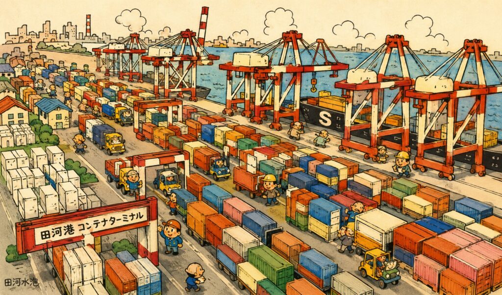 Busy shipping port with red gantry cranes, stacked colorful shipping containers, and workers guiding cargo near the water.