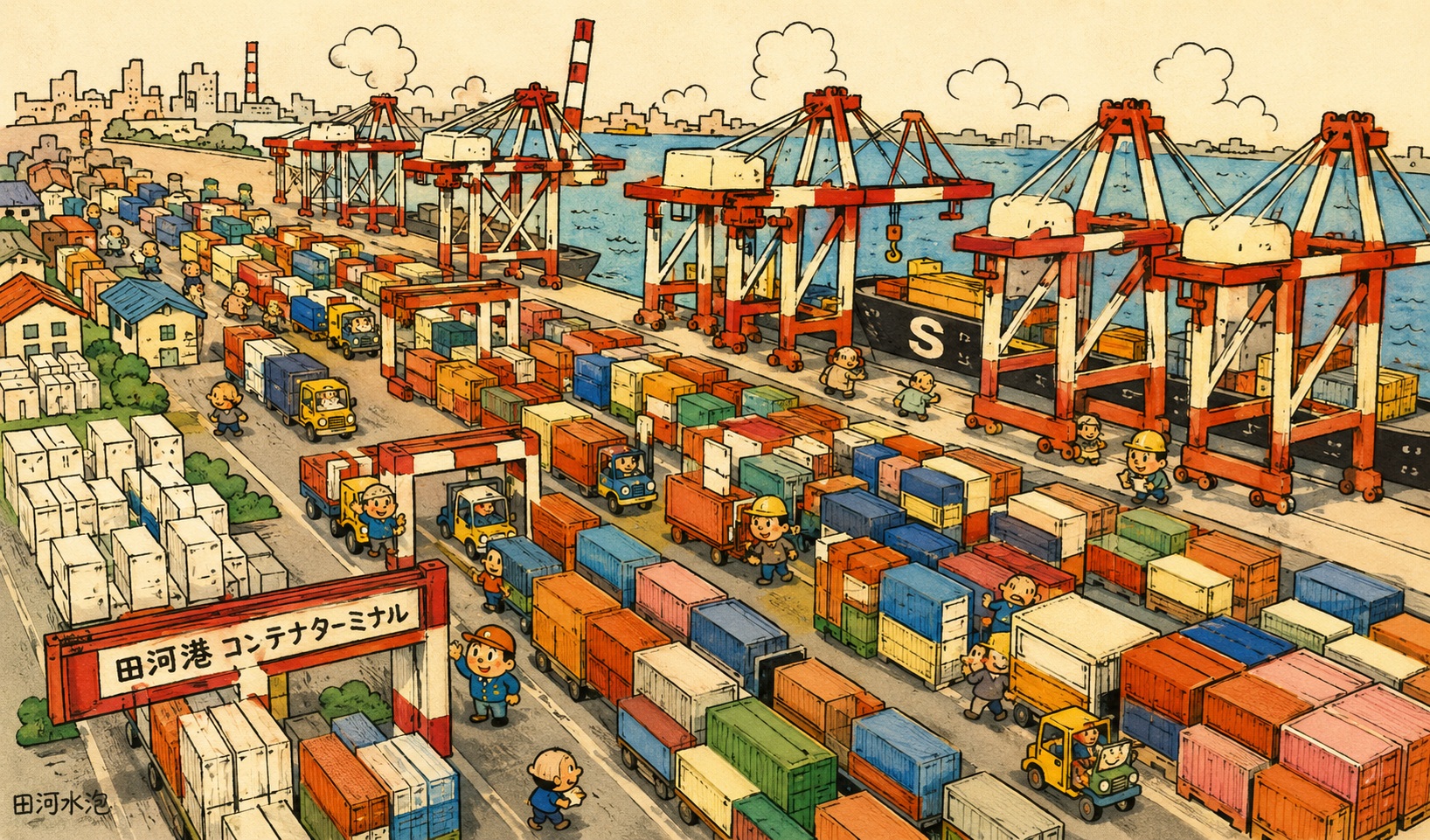 Busy shipping port with red gantry cranes, stacked colorful shipping containers, and workers guiding cargo near the water.