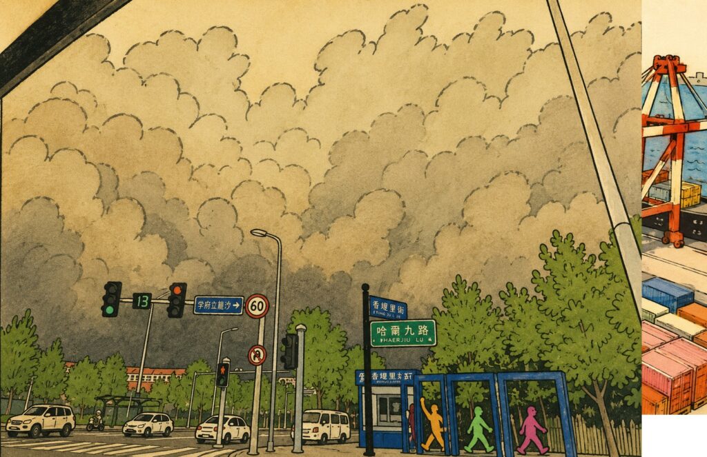 City street scene under a large cloudy sky; pedestrians cross, cars wait at a signal, and Chinese street signs are visible with a construction site on the right.