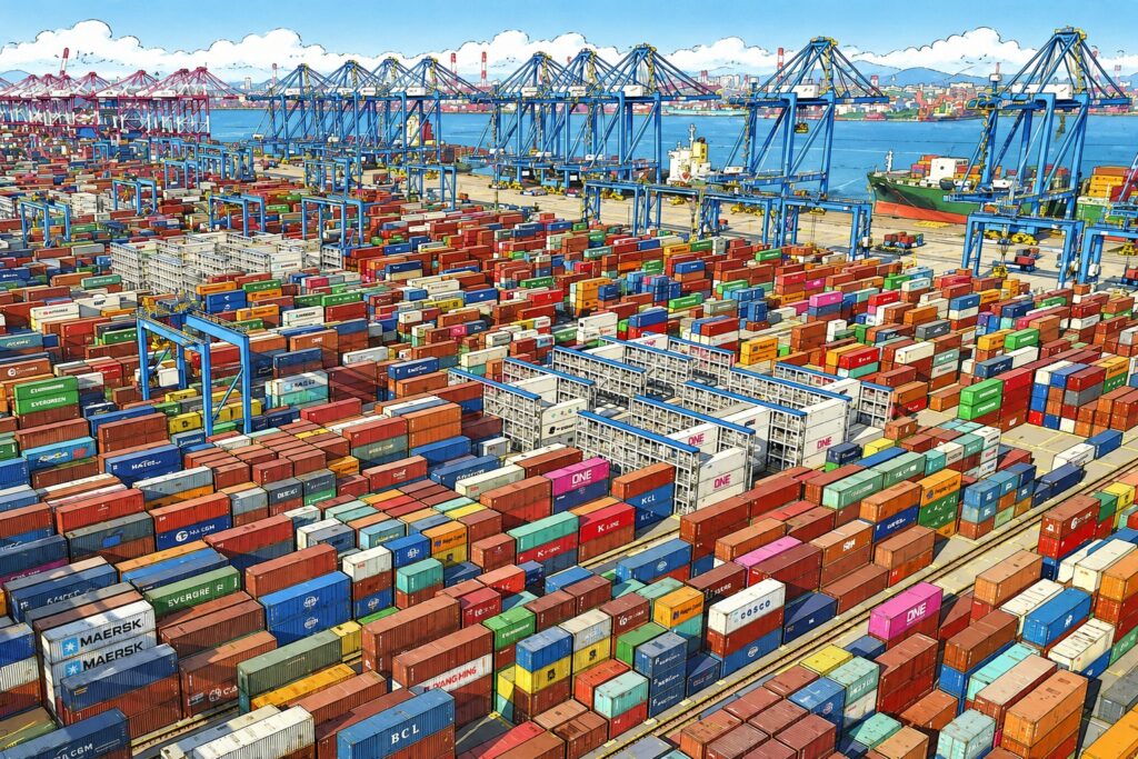 Busy harbor scene with hundreds of colorful shipping containers and tall blue gantry cranes along the dock by the water.